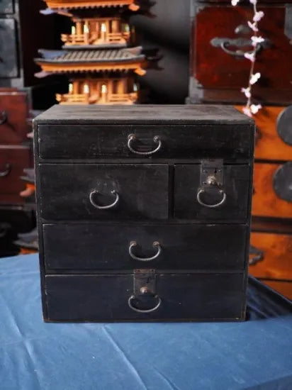Antique black lacquer chest of drawers. Edo period.