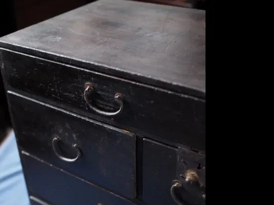Antique black lacquer chest of drawers. Edo period.