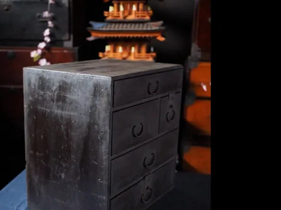 Antique black lacquer chest of drawers. Edo period.
