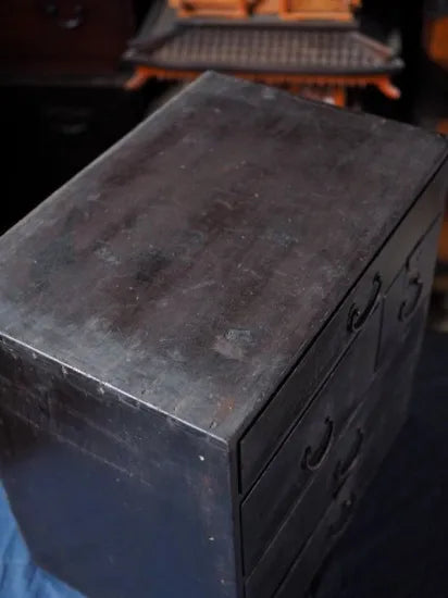 Antique black lacquer chest of drawers. Edo period.