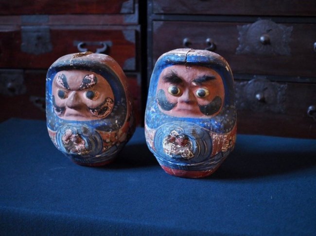 two old daruma dolls, taisho - early showa period.