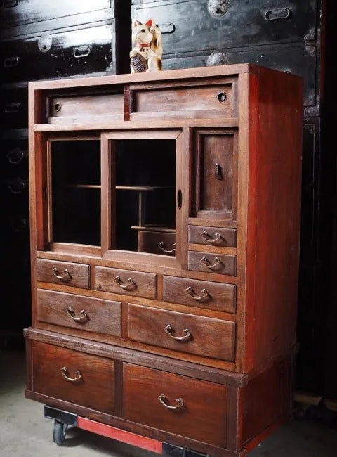 high-quality two-tiered tea chest made of zelkova wood from the early showa period