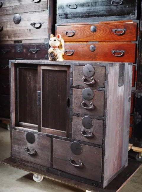 Antique accounting chest made of thick wood. Meiji era