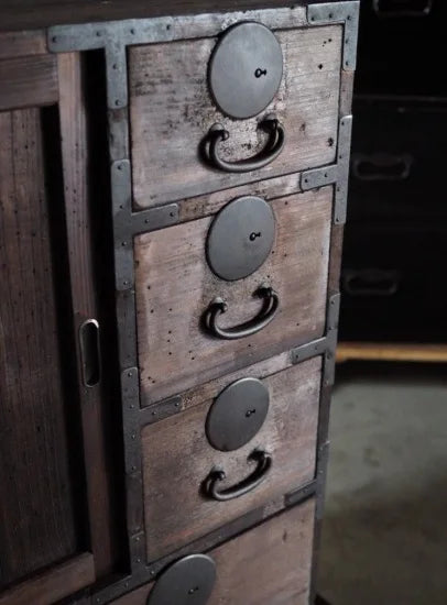 Antique accounting chest made of thick wood. Meiji era