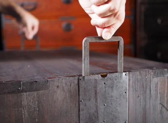 Antique accounting chest made of thick wood. Meiji era