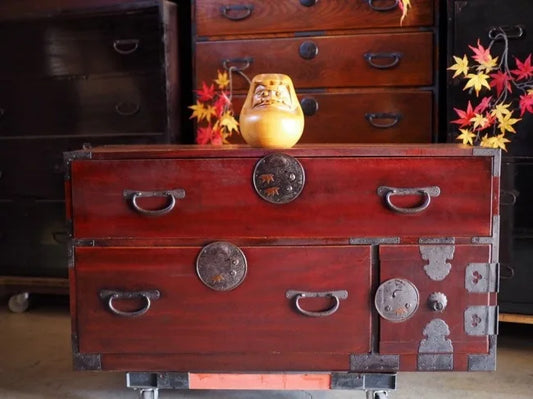 Antique lowboard with brass fittings, Nihonmatsu Tansu, Taisho era