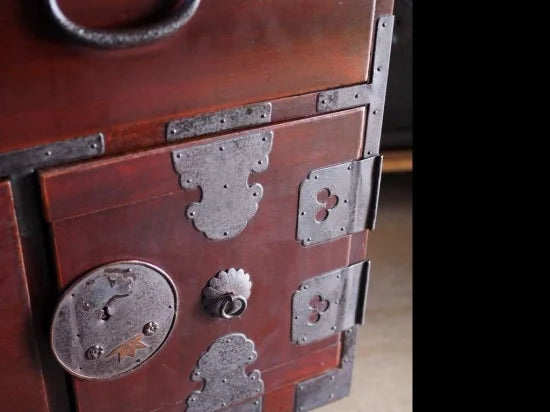 Antique lowboard with brass fittings, Nihonmatsu Tansu, Taisho era