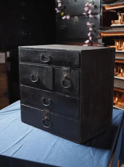 Antique black lacquer chest of drawers. Edo period.