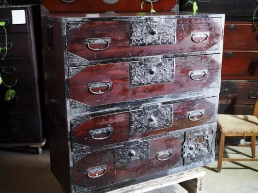King of Japanese Antique Chest: Sado Tansu upper and lower set. Meiji era.
